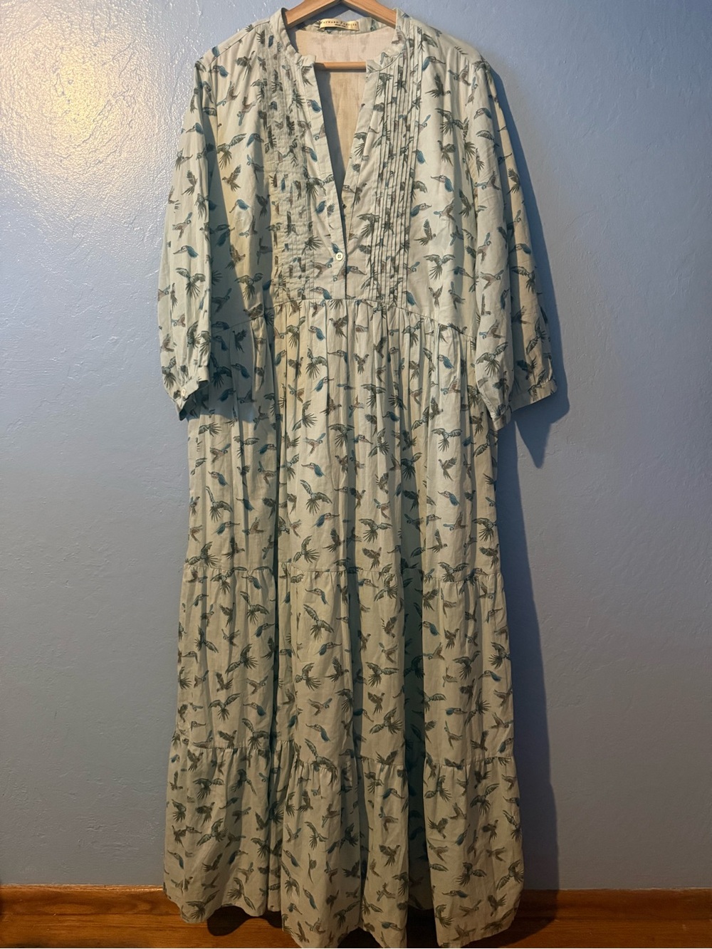 Avian Cream Maxi Dress with Blue-Green Bird Print